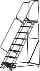 Ballymore - 113" 8 Step Rolling Warehouse Ladder - Lock Step Rolling Safety Ladder, 450 Lb Capacity, 80" Platform Height, 32" Base Width x 61" Base Depth, Perforated Tread - USA Tool & Supply