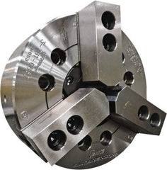 TMX - 3 Jaws, 12" Chuck Diam, Plain Back Mount, 3.5827" Through Hole, Drawtube, Hydraulic Power Lathe Chuck - 1.3386" to 11.9685" Jaw Capacity, 3,300 RPM - USA Tool & Supply