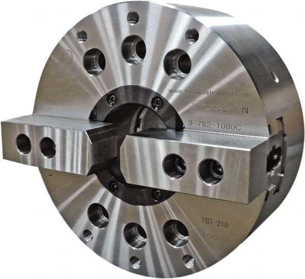 TMX - 2 Jaws, 10" Chuck Diam, Plain Back Mount, 3.0315" Through Hole, Drawtube, Hydraulic Power Lathe Chuck - 1.2205" to 10" Jaw Capacity, 4,200 RPM - USA Tool & Supply