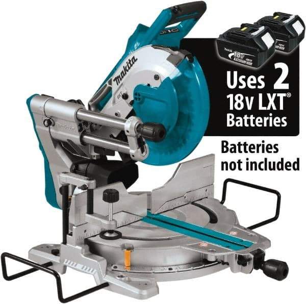 Makita - 36 Amp, 18 Volt, 4,400 RPM, 60° Double Bevel Sliding Miter Saw - 5/8" Arbor, 10" Blade Diam, Includes Vertical Vise, Dust Bag, Triangular Rule, Hex Wrench & 10" x 5/8" 40T Micro-Polished Miter Saw Blade - USA Tool & Supply