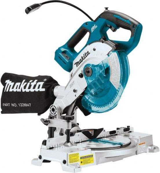 Makita - 36 Amp, 18 Volt, 5,000 RPM, 52° Double Bevel Miter Saw - 5/8" Arbor, 6-1/2" Blade Diam, Includes Triangular Rule, Vertical Vise, Dust Bag, (1) 6-1/2" x 5/8" 64T Micro-Polished Miter Saw Blade & Hex Wrench - USA Tool & Supply