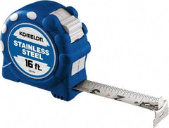Komelon - 16' x 1" White Stainless Steel Blade Tape Measure - 1/16" Graduation, Inch Graduation Style, Blue/Silver ABS Plastic Case - USA Tool & Supply
