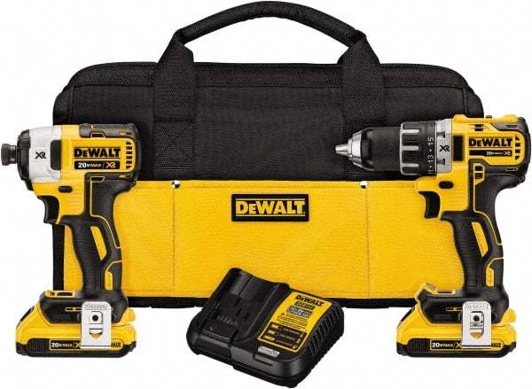 DeWALT - 20 Volt Cordless Tool Combination Kit - Includes Brushless Compact Drill/Driver & Impact Driver, Lithium-Ion Battery Included - USA Tool & Supply