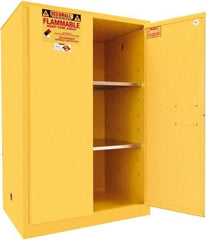 Securall Cabinets - 2 Door, 2 Shelf, Yellow Steel Standard Safety Cabinet for Flammable and Combustible Liquids - 65" High x 43" Wide x 31" Deep, Manual Closing Door, 3 Point Key Lock, 90 Gal Capacity - USA Tool & Supply