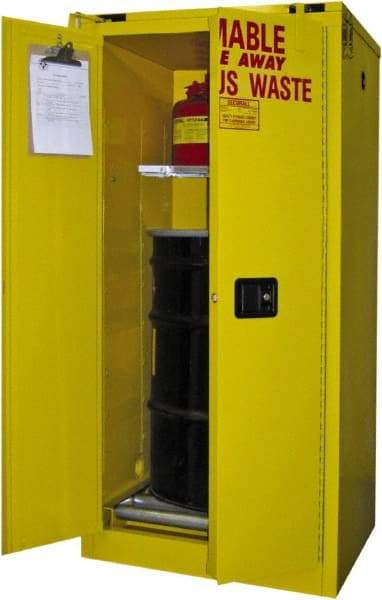 Securall Cabinets - 31" Wide x 31" Deep x 67" High, 18 Gauge Steel Vertical Drum Cabinet with 3 Point Key Lock - Yellow, Self-Closing Door, 1 Shelf, 1 Drum, Drum Rollers Included - USA Tool & Supply