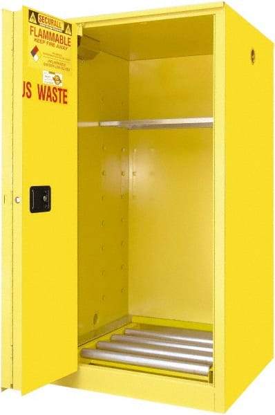 Securall Cabinets - 34" Wide x 34" Deep x 65" High, 18 Gauge Steel Vertical Drum Cabinet with 3 Point Key Lock - Yellow, Self-Closing Door, 1 Shelf, 1 Drum, Drum Rollers Included - USA Tool & Supply