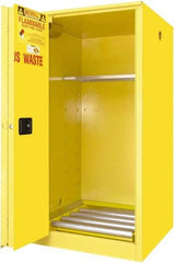 Securall Cabinets - 34" Wide x 34" Deep x 65" High, 18 Gauge Steel Vertical Drum Cabinet with 3 Point Key Lock - Yellow, Self-Closing Door, 1 Shelf, 1 Drum, Drum Rollers Included - USA Tool & Supply