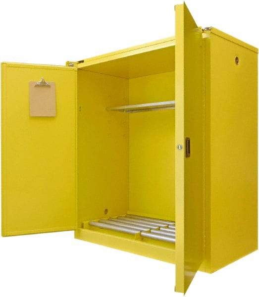 Securall Cabinets - 56" Wide x 31" Deep x 67" High, 18 Gauge Steel Vertical Drum Cabinet with 3 Point Key Lock - Yellow, Self-Closing Door, 1 Shelf, 2 Drums, Drum Rollers Included - USA Tool & Supply