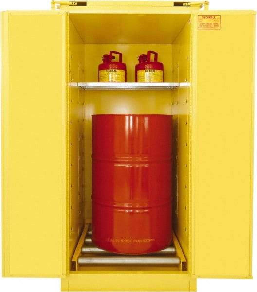 Securall Cabinets - 31" Wide x 31" Deep x 67" High, 18 Gauge Steel Vertical Drum Cabinet with 3 Point Key Lock - Yellow, Self-Closing Door, 1 Shelf, 1 Drum, Drum Rollers Included - USA Tool & Supply