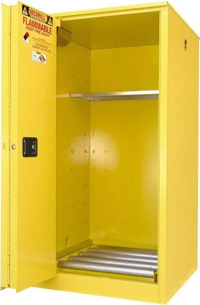 Securall Cabinets - 34" Wide x 34" Deep x 65" High, 18 Gauge Steel Vertical Drum Cabinet with 3 Point Key Lock - Yellow, Sliding Door Door, 1 Shelf, 1 Drum, Drum Rollers Included - USA Tool & Supply