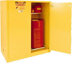 Securall Cabinets - 56" Wide x 31" Deep x 65" High, 18 Gauge Steel Vertical Drum Cabinet with 3 Point Key Lock - Yellow, Manual Closing Door, 3 Shelves, 1 Drum, Drum Rollers Included - USA Tool & Supply