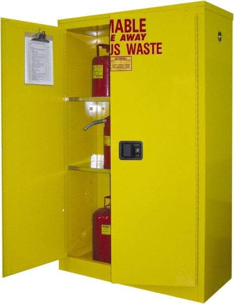 Securall Cabinets - 2 Door, 2 Shelf, Yellow Steel Standard Safety Cabinet for Flammable and Combustible Liquids - 65" High x 43" Wide x 18" Deep, Manual Closing Door, 3 Point Key Lock, 45 Gal Capacity - USA Tool & Supply