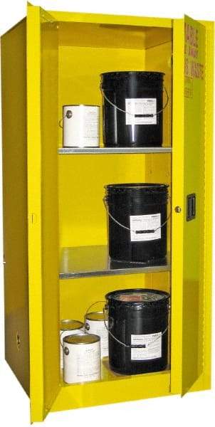 Securall Cabinets - 2 Door, 2 Shelf, Yellow Steel Standard Safety Cabinet for Flammable and Combustible Liquids - 65" High x 31" Wide x 31" Deep, Manual Closing Door, 3 Point Key Lock, 60 Gal Capacity - USA Tool & Supply