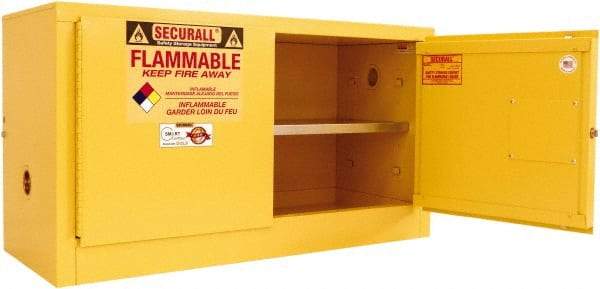 Securall Cabinets - 2 Door, 1 Shelf, Yellow Steel Stackable Safety Cabinet for Flammable and Combustible Liquids - 24" High x 43" Wide x 18" Deep, Manual Closing Door, 3 Point Key Lock, 18 Gal Capacity - USA Tool & Supply