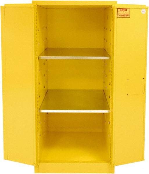 Securall Cabinets - 2 Door, 2 Shelf, Yellow Steel Standard Safety Cabinet for Flammable and Combustible Liquids - 65" High x 31" Wide x 31" Deep, Manual Closing Door, 3 Point Key Lock, 60 Gal Capacity - USA Tool & Supply