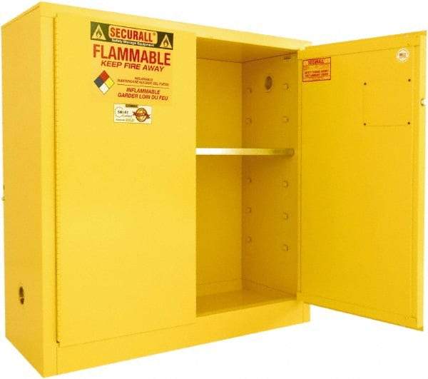 Securall Cabinets - 2 Door, 1 Shelf, Yellow Steel Standard Safety Cabinet for Flammable and Combustible Liquids - 44" High x 43" Wide x 18" Deep, Manual Closing Door, 3 Point Key Lock, 30 Gal Capacity - USA Tool & Supply