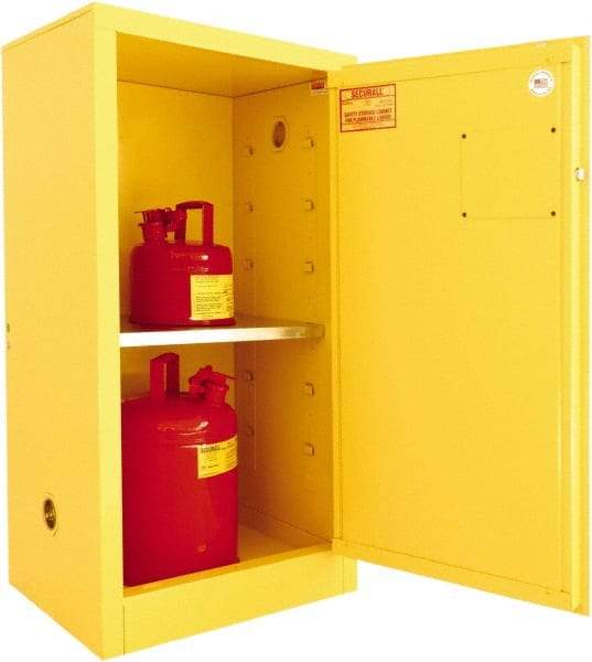 Securall Cabinets - 1 Door, 1 Shelf, Yellow Steel Standard Safety Cabinet for Flammable and Combustible Liquids - 44" High x 23-3/16" Wide x 18" Deep, Manual Closing Door, 3 Point Key Lock, 16 Gal Capacity - USA Tool & Supply