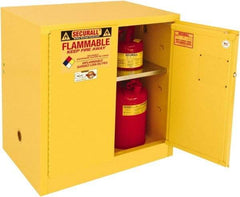 Securall Cabinets - 2 Door, 1 Shelf, Yellow Steel Standard Safety Cabinet for Flammable and Combustible Liquids - 35" High x 36" Wide x 24" Deep, Manual Closing Door, 3 Point Key Lock, 20 Gal Capacity - USA Tool & Supply