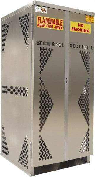 Securall Cabinets - 2 Door, Silver Aluminum Standard Safety Cabinet for Flammable and Combustible Liquids - 65" High x 60" Wide x 32" Deep, Manual Closing Door, Padlockable Hasp, Vertical Cylinder Capacity - USA Tool & Supply