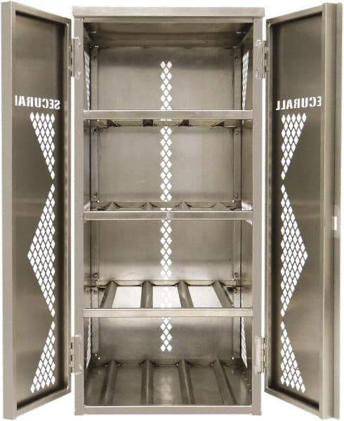 Securall Cabinets - 2 Door, 4 Shelf, Silver Aluminum Standard Safety Cabinet for Flammable and Combustible Liquids - 65" High x 30" Wide x 32" Deep, Manual Closing Door, Padlockable Hasp, 20 or 33 Lb Cylinder Capacity - USA Tool & Supply