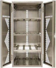 Securall Cabinets - 2 Door, 2 Shelf, Silver Aluminum Standard Safety Cabinet for Flammable and Combustible Liquids - 33" High x 43" Wide x 32" Deep, Manual Closing Door, Padlockable Hasp, 20 or 33 Lb Cylinder Capacity - USA Tool & Supply