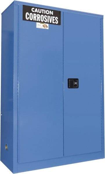 Securall Cabinets - 2 Door, 2 Shelf, Blue Steel Standard Safety Cabinet for Corrosive Chemicals - 65" High x 43" Wide x 18" Deep, Manual Closing Door, 3 Point Key Lock, 45 Gal Capacity - USA Tool & Supply