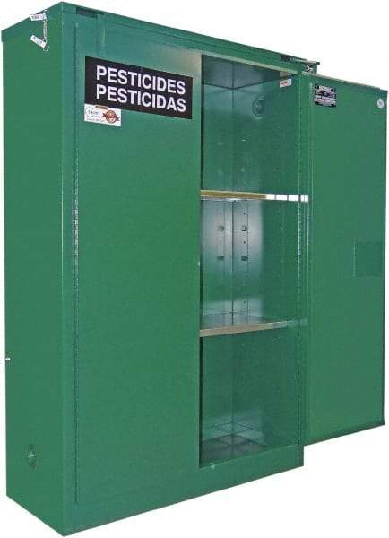 Securall Cabinets - 2 Door, 2 Shelf, Green Steel Standard Safety Cabinet for Flammable and Combustible Liquids - 67" High x 43" Wide x 18" Deep, Self Closing Door, 3 Point Key Lock, 45 Gal Capacity - USA Tool & Supply