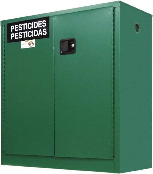 Securall Cabinets - 2 Door, 1 Shelf, Green Steel Standard Safety Cabinet for Flammable and Combustible Liquids - 44" High x 43" Wide x 18" Deep, Manual Closing Door, 3 Point Key Lock, 30 Gal Capacity - USA Tool & Supply