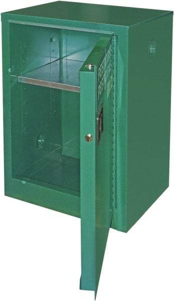 Securall Cabinets - 1 Door, 1 Shelf, Green Steel Standard Safety Cabinet for Flammable and Combustible Liquids - 35" High x 24" Wide x 18" Deep, Manual Closing Door, 3 Point Key Lock, 12 Gal Capacity - USA Tool & Supply