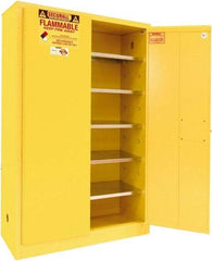 Securall Cabinets - 2 Door, 5 Shelf, Yellow Steel Standard Safety Cabinet for Flammable and Combustible Liquids - 65" High x 43" Wide x 18" Deep, Manual Closing Door, 3 Point Key Lock, 60 Gal Capacity - USA Tool & Supply