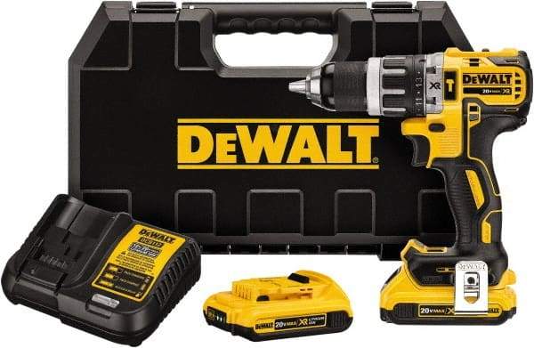 DeWALT - 20 Volt 1/2" Metal Single Sleeve w Carbide Jaws Ratcheting Chuck Chuck Cordless Hammer Drill - 0 to 34,000 BPM, 0 to 500 & 0 to 2,000 RPM, Reversible, Mid-Handle - USA Tool & Supply