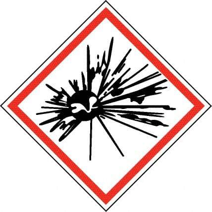 NMC - Hazardous Materials Label, Header: Explosive Warning - Legend: GHS - Graphic, English, Black & Red, 4" Long x 4" High, No Coating - USA Tool & Supply