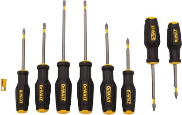 DeWALT - 8 Piece Phillips, Slotted & Square Screwdriver Set - Ergonomic & Bi-material Handle, Blade Sizes: Length 3 to 6, Width 3/16, 1/4 & 5/16, Bit Sizes: Philips #1 to #3 - USA Tool & Supply