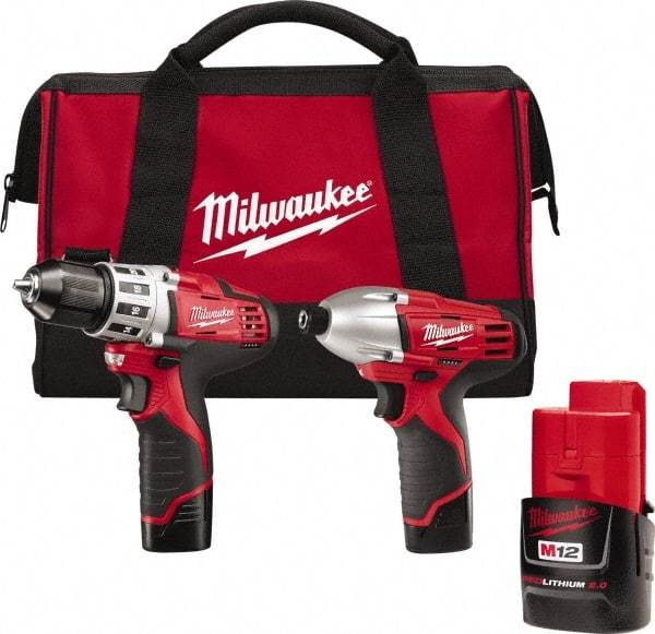 Milwaukee Tool - 12 Volt Cordless Tool Combination Kit - Includes 1/4" Hex Impact Driver & 3/8" Drill/Driver, Lithium-Ion Battery Included - USA Tool & Supply