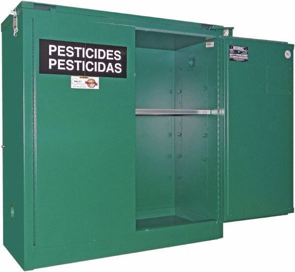 Securall Cabinets - 2 Door, 1 Shelf, Green Steel Standard Safety Cabinet for Flammable and Combustible Liquids - 46" High x 43" Wide x 18" Deep, Self Closing Door, 3 Point Key Lock, 30 Gal Capacity - USA Tool & Supply