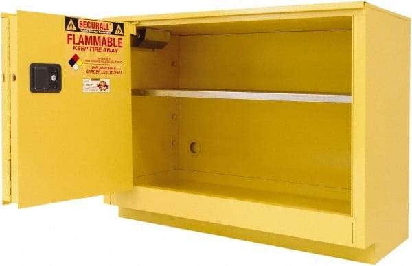 Securall Cabinets - 2 Door, 1 Shelf, Yellow Steel Under the Counter Safety Cabinet for Flammable and Combustible Liquids - 35-5/8" High x 59" Wide x 22" Deep, Sliding Door, 3 Point Key Lock, 44 Gal Capacity - USA Tool & Supply