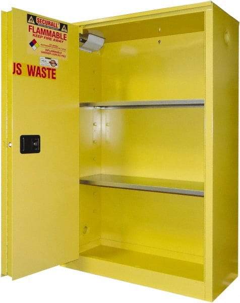 Securall Cabinets - 2 Door, 2 Shelf, Yellow Steel Standard Safety Cabinet for Flammable and Combustible Liquids - 65" High x 43" Wide x 18" Deep, Sliding Door, 3 Point Key Lock, 45 Gal Capacity - USA Tool & Supply