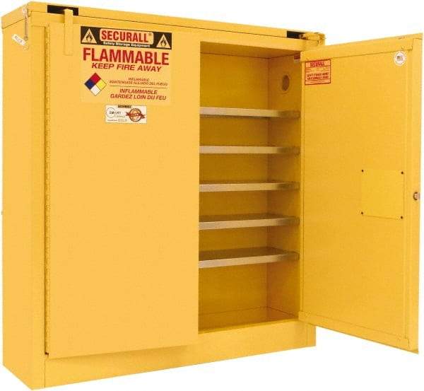 Securall Cabinets - 2 Door, 5 Shelf, Yellow Steel Wall Mount Safety Cabinet for Flammable and Combustible Liquids - 46" High x 43" Wide x 12" Deep, Self Closing Door, 3 Point Key Lock, 24 Gal Capacity - USA Tool & Supply