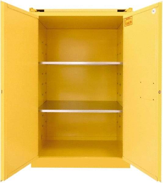 Securall Cabinets - 2 Door, 2 Shelf, Yellow Steel Standard Safety Cabinet for Flammable and Combustible Liquids - 67" High x 43" Wide x 31" Deep, Self Closing Door, 3 Point Key Lock, 90 Gal Capacity - USA Tool & Supply