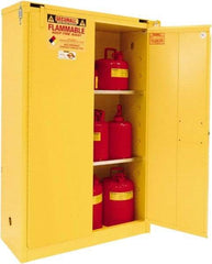 Securall Cabinets - 2 Door, 2 Shelf, Yellow Steel Standard Safety Cabinet for Flammable and Combustible Liquids - 67" High x 43" Wide x 18" Deep, Self Closing Door, 3 Point Key Lock, 45 Gal Capacity - USA Tool & Supply