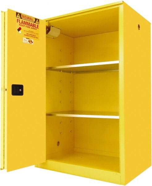 Securall Cabinets - 2 Door, 2 Shelf, Yellow Steel Standard Safety Cabinet for Flammable and Combustible Liquids - 65" High x 43" Wide x 31" Deep, Sliding Door, 3 Point Key Lock, 90 Gal Capacity - USA Tool & Supply