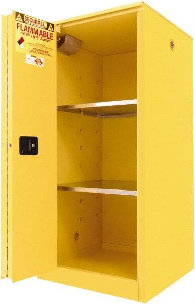 Securall Cabinets - 2 Door, 2 Shelf, Yellow Steel Standard Safety Cabinet for Flammable and Combustible Liquids - 65" High x 31" Wide x 31" Deep, Sliding Door, 3 Point Key Lock, 60 Gal Capacity - USA Tool & Supply