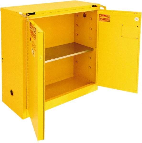 Securall Cabinets - 2 Door, 1 Shelf, Yellow Steel Standard Safety Cabinet for Flammable and Combustible Liquids - 46" High x 43" Wide x 18" Deep, Self Closing Door, 3 Point Key Lock, 30 Gal Capacity - USA Tool & Supply