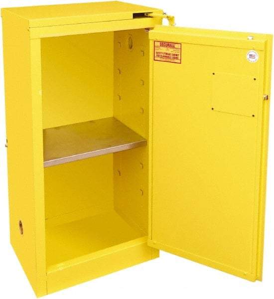 Securall Cabinets - 1 Door, 1 Shelf, Yellow Steel Standard Safety Cabinet for Flammable and Combustible Liquids - 46" High x 23-3/16" Wide x 18" Deep, Self Closing Door, 3 Point Key Lock, 16 Gal Capacity - USA Tool & Supply