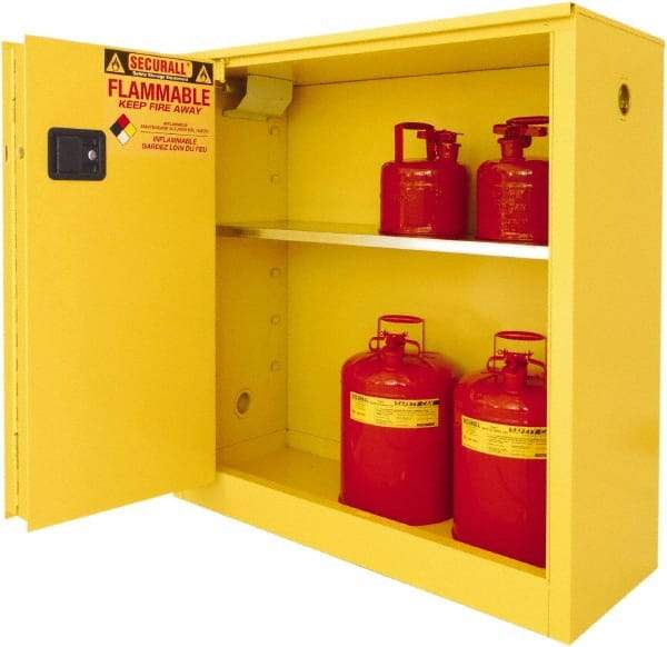 Securall Cabinets - 2 Door, 1 Shelf, Yellow Steel Standard Safety Cabinet for Flammable and Combustible Liquids - 44" High x 43" Wide x 18" Deep, Sliding Door, 3 Point Key Lock, 30 Gal Capacity - USA Tool & Supply