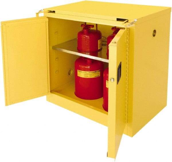 Securall Cabinets - 2 Door, 1 Shelf, Yellow Steel Standard Safety Cabinet for Flammable and Combustible Liquids - 37" High x 36" Wide x 24" Deep, Self Closing Door, 3 Point Key Lock, 30 Gal Capacity - USA Tool & Supply