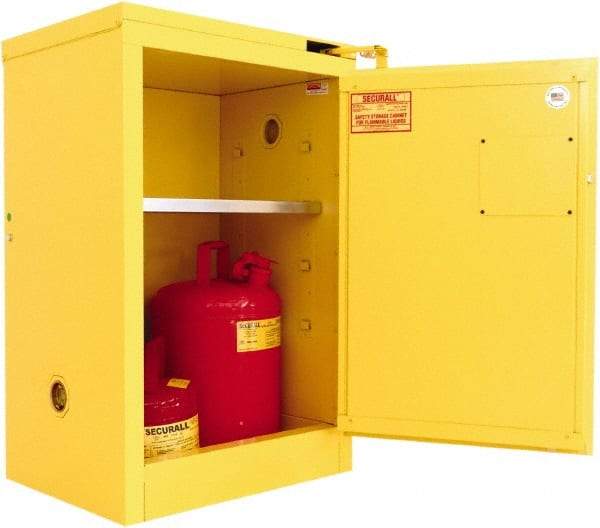 Securall Cabinets - 1 Door, 1 Shelf, Yellow Steel Standard Safety Cabinet for Flammable and Combustible Liquids - 37" High x 24" Wide x 18" Deep, Self Closing Door, 3 Point Key Lock, 12 Gal Capacity - USA Tool & Supply