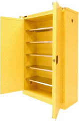 Securall Cabinets - 2 Door, 5 Shelf, Yellow Steel Standard Safety Cabinet for Flammable and Combustible Liquids - 67" High x 43" Wide x 18" Deep, Sliding Door, 3 Point Key Lock, 60 Gal Capacity - USA Tool & Supply