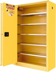 Securall Cabinets - 2 Door, 5 Shelf, Yellow Steel Standard Safety Cabinet for Flammable and Combustible Liquids - 65" High x 43" Wide x 18" Deep, Sliding Door, 3 Point Key Lock, 60 Gal Capacity - USA Tool & Supply