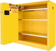 Securall Cabinets - 2 Door, 3 Shelf, Yellow Steel Standard Safety Cabinet for Flammable and Combustible Liquids - 44" High x 43" Wide x 18" Deep, Sliding Door, 3 Point Key Lock, 40 Gal Capacity - USA Tool & Supply